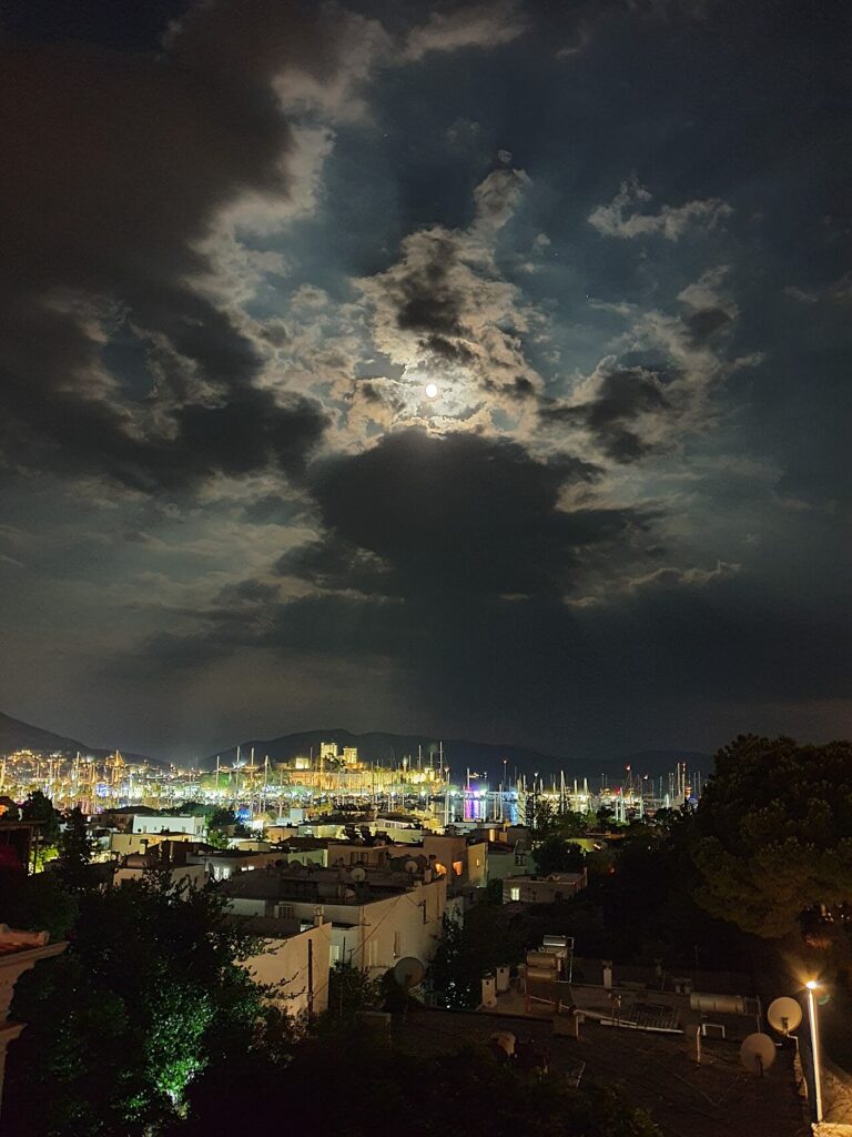 Bodrum Castle under moonlight in Bodrum, Turkey