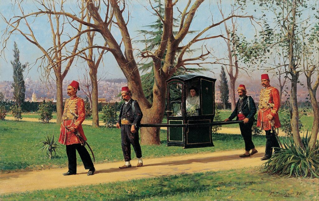 Fausto Zonaro - The Daughter of the English Ambassador Riding in a Palanquin - Google Art Project — History and Culture of Istanbul